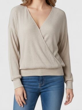 L’Agence Amber Ribbed Wrap Top Beige Surplice Knit Blouse Size S